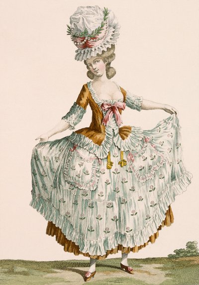 Voysardによって刻まれたレディーススタイルのイブニングドレス、「Galeries des Modes et Costumes Francais」c.1778-87からのプレートno.64 作： Claude Louis Desrais